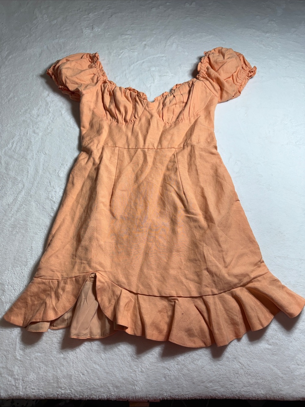 Peach Puff-Sleeve Ruffle Mini Dress